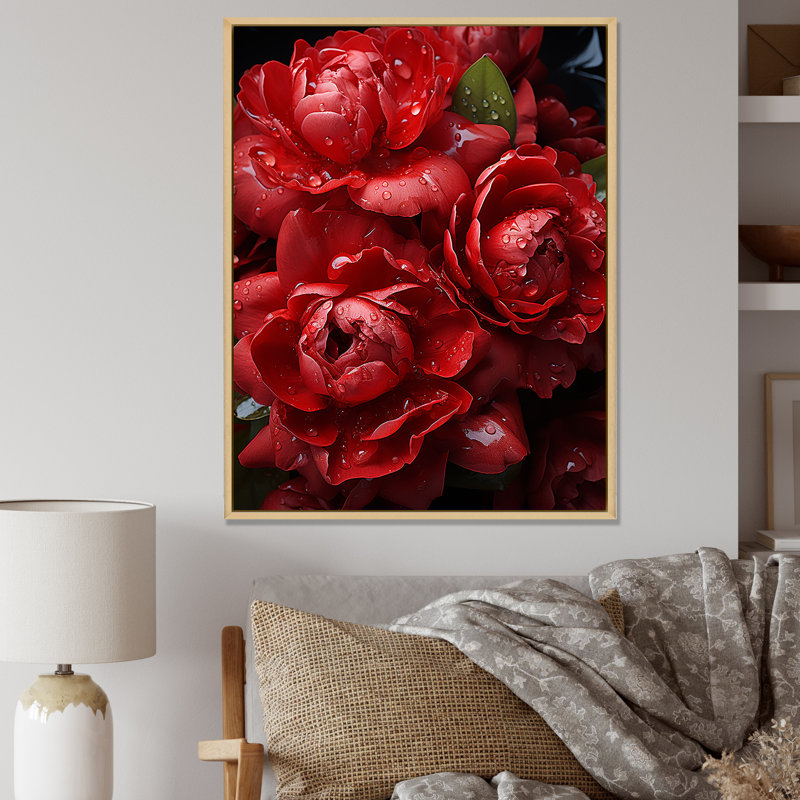 " Crimson Peonies Elegance ", 44" H x 34" W x 1.5" D, Natural Floater Frame