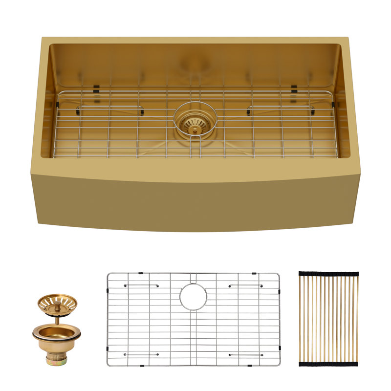 30" L x 21" W Farmhouse/Apron Kitchen Sink Single Bowl 16 Guage Stainless Steel Sink, Gold