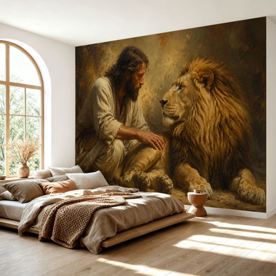 Wall Mural Peel and Stick Wallpaper Lion Human Companionship Scene Warm Golden Tones Classical Wildlife Self-Adhesive Removable Contact Paper Wall Decor for Living Room Bedroom 69"H x 96"W