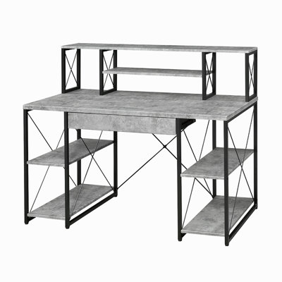 Bureau d'écriture avec un tiroir et 8 compartiments ouverts, faux béton et noir