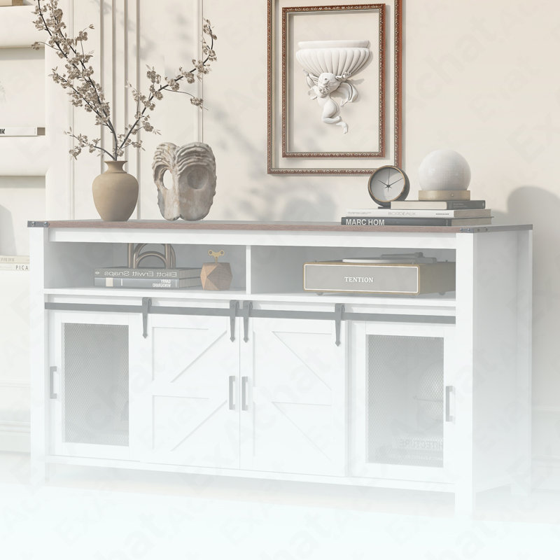 59.3'' Sideboard Buffet With Sliding Barn Door, Mesh Panels & Open Storage For Home & Office, Brown+White