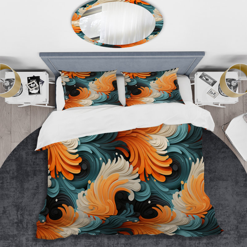 Orange And Teal Abstract Waves - Ensemble de housse de couette abstrait, Housse de couette pour grand lit et 2 taies décor