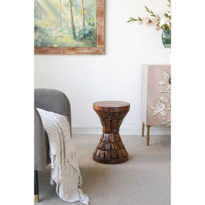 Table d'appoint 11,8 x 11,8 x 18,1 pouces, bois brun, plateau rond lisse, pour table d'appoint moderne en bois avec mosaïque texturée, pouces, salon bohémien