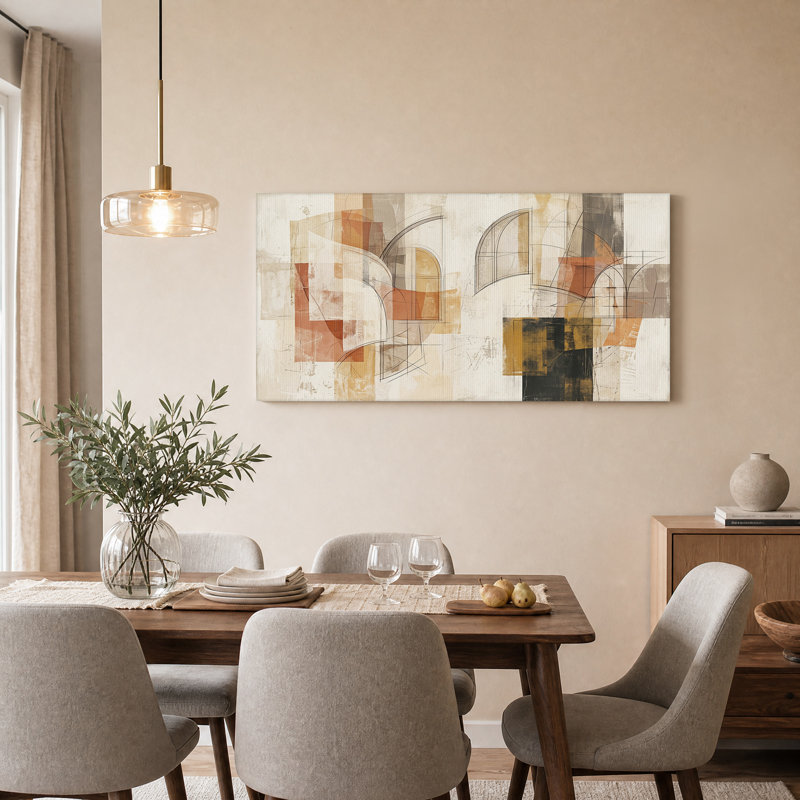 Composition géométrique abstraite sur toile rouille et beige, L 58 po x H 28 po