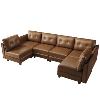 Modular Sectional Sofa With Storage, Modern Brown Faux Leather, Reversible Chaise, U Shaped Couch For Living Room, Waterproof & Easy Clean, 6 Seats