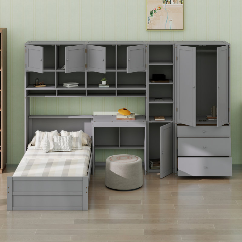 Lit plateforme peu encombrant avec bureau intégré, garde-robe, armoires de rangement et tiroirs, Gris