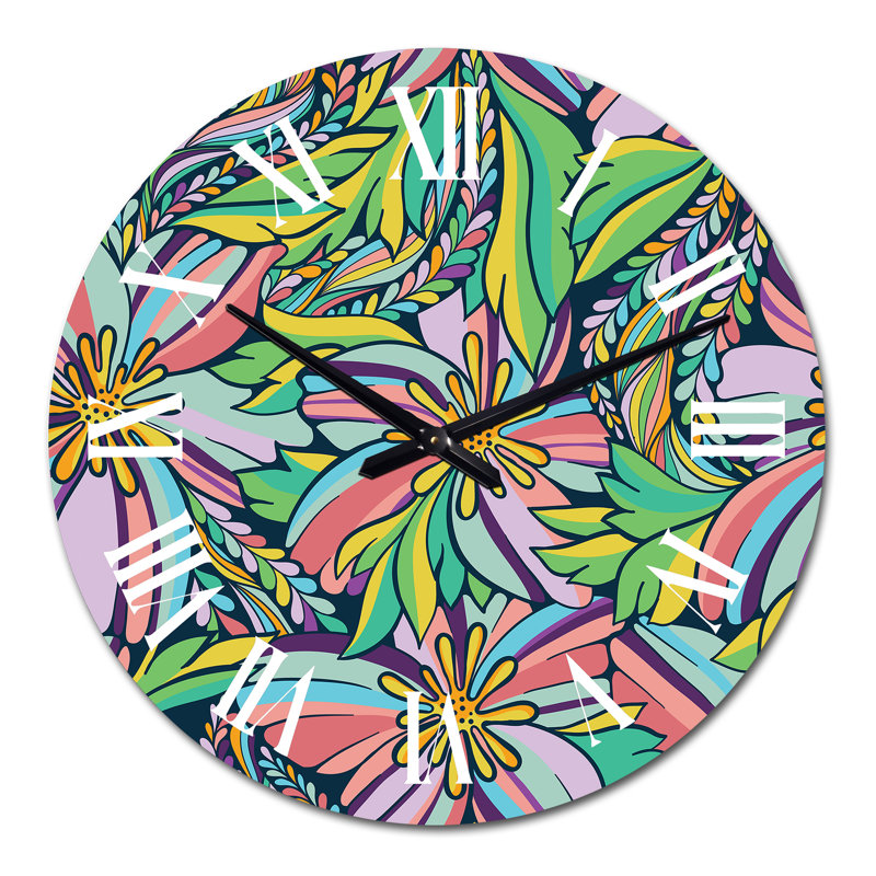 Fleurs abstraites en vert rose et bleu - Horloge murale moderne, Moyen