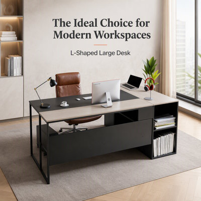 L-Shaped Executive Desk, Large Modern Office Table with Drawers & Storage Cabinet, Heavy Duty Wooden Table, 350 LBS Load Capacity, Easy Assembly, for Work Study Writing