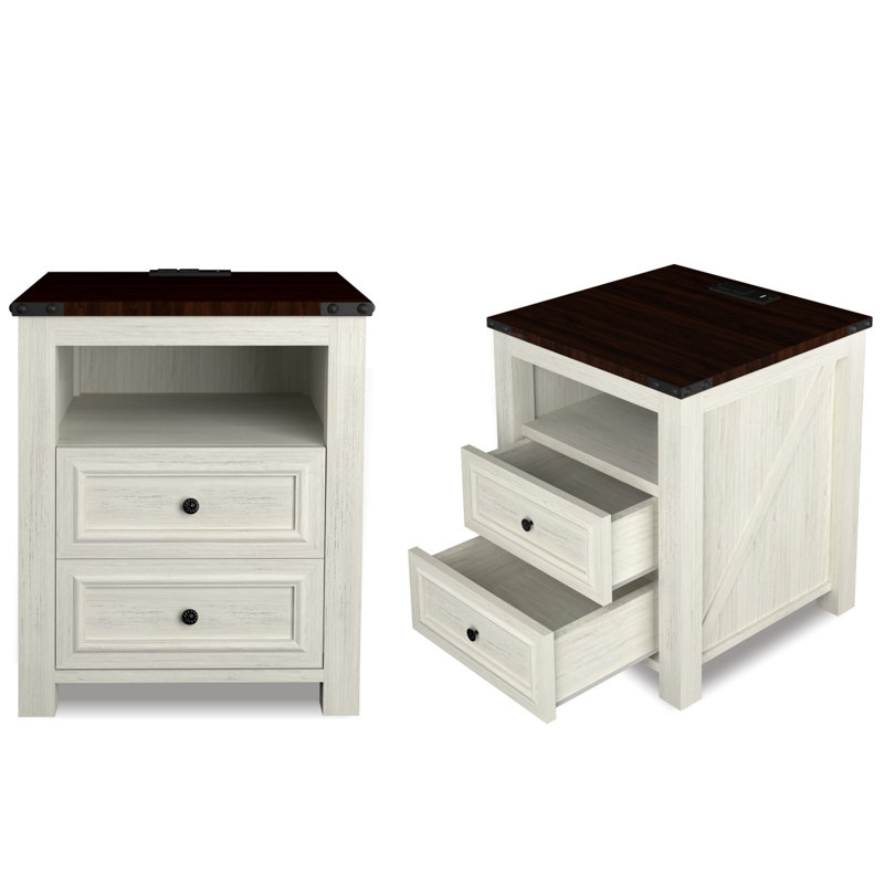 Tables de chevet avec station de charge, table de chevet rustique de 18 pouces avec 2 tiroirs de rangement et tablette ouverte