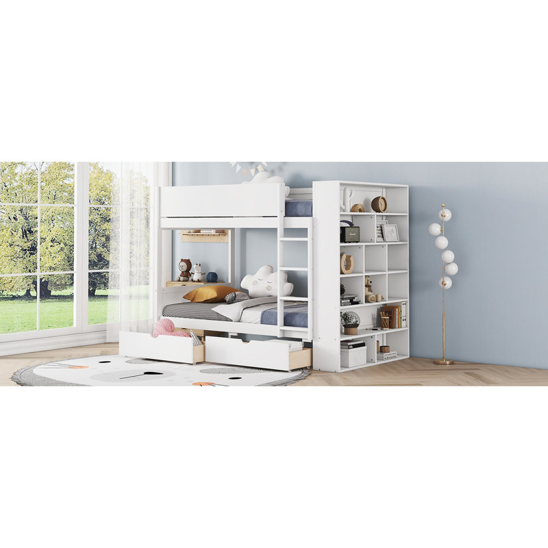 Lit superposé avec 2 tiroirs et armoire à couches multiples, Blanc, Lit simple