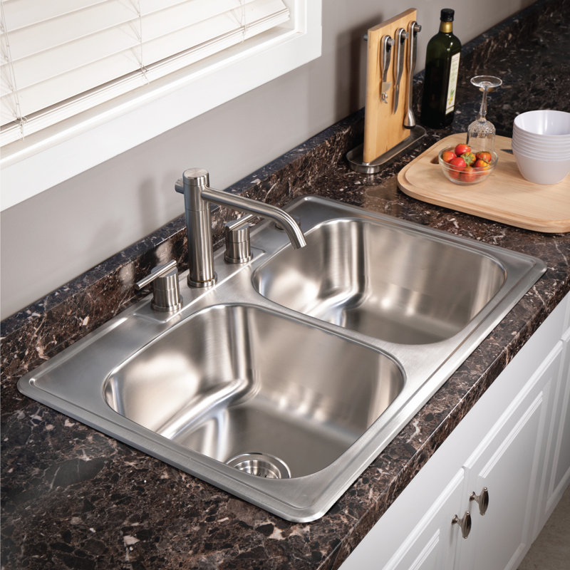 Glowtone 33 " L Drop-In Double Bowl Stainless Steel Kitchen Sink, 3 Holes