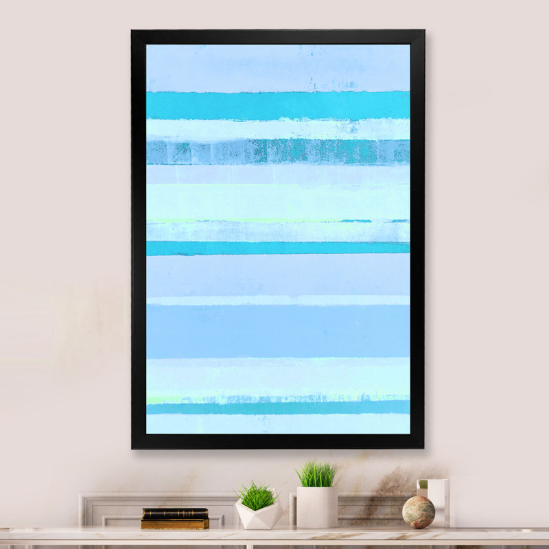 Turquoise sur bandes abstraites bleues - Art mural moderne et contemporain sur toile, Cadre noir, H 20 po x l 12 po x P 1 po