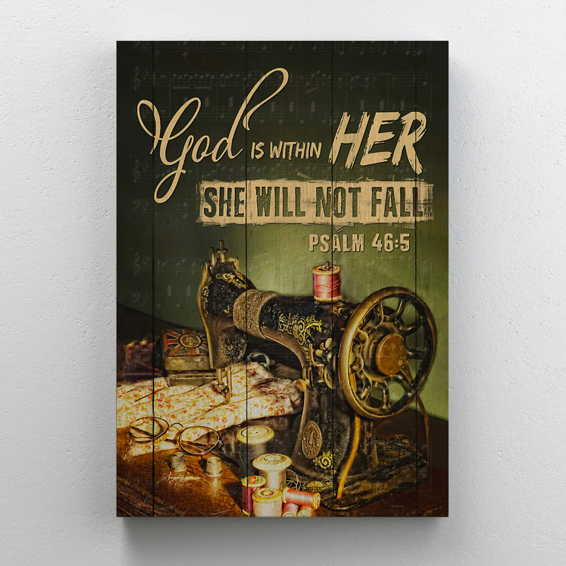 Vieille machine à coudre - «God is sein Her» - impression sur toile tendue, H 24 po x l 14 po x P 2 po