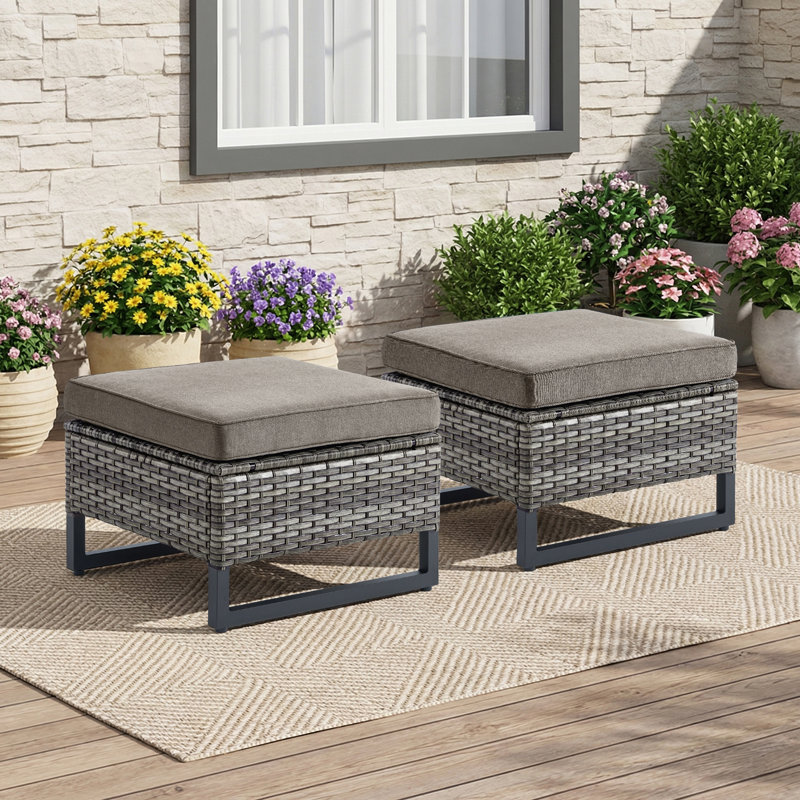 Ensemble de 2 repose-pieds en rotin avec coussins amovibles en osier pour patio, Gris, Gris