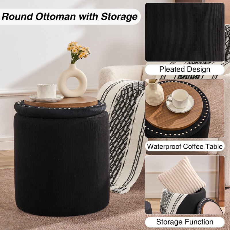 Round Ottoman With Storage Set Of 2, Black Velvet
