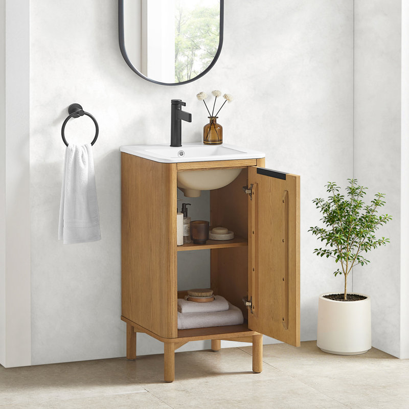 Meuble-lavabo simple 18 po en chêne brun clair Mumbai avec plateau en céramique blanc Mumbai, Chêne brun clair patiné