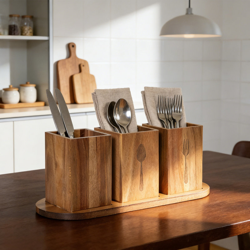 Ensemble de rangement d'ustensiles en bois d'acacia avec plateau, boîte de rangement pour ustensiles de cuisine rustique, support de comptoir 13 x 4,7 x 4,5 po