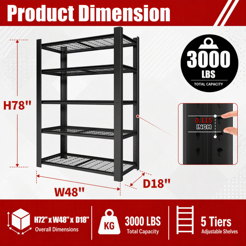 Étagère de rangement en maille métallique réglable à 5 niveaux H 78 po (capacité de charge de 3000 lb) - Organisateur de tablettes en métal pour garde-manger, garage, cuisine - l 48 po x P 18 po x H 78 po