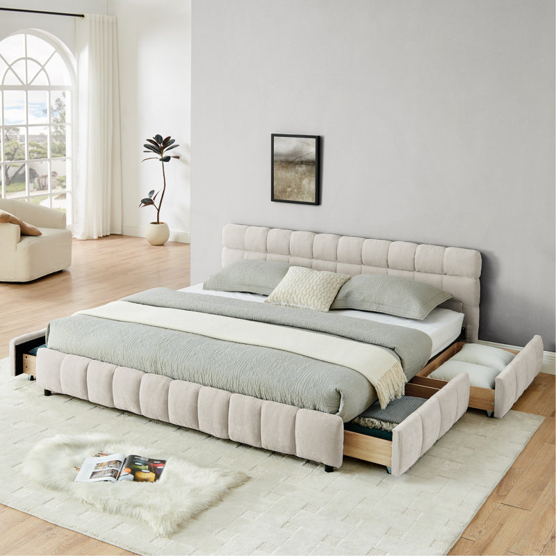 Lit tapissier, base de lit tapissier confortable, tissu chenille, Beige, Très grand lit
