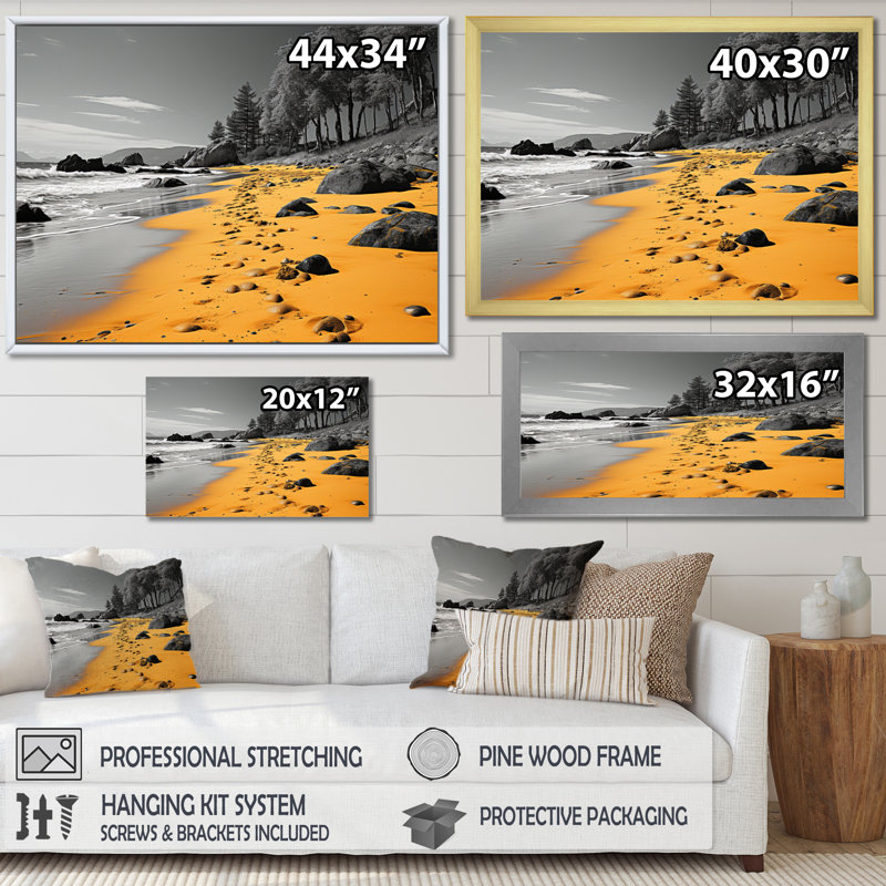 Plage de sable jaune - imprimé, Cadre flottant doré, H 12 po x l 20 po x P 1 po