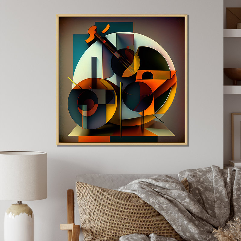 Abstrait, guitare rétro, géométrique, symphonie musicale I - impression, Cadre flottant brun, 30" H x 30" W