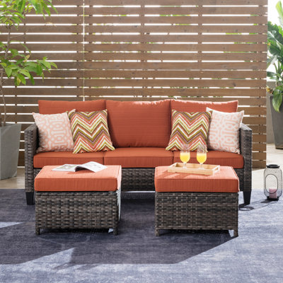 Allcot 3 - Person Wicker Rattan Outdoor Seating Group with Pillows, Cushions and Ottomans, All Weather High Back Conversation Set for Garden Backyard