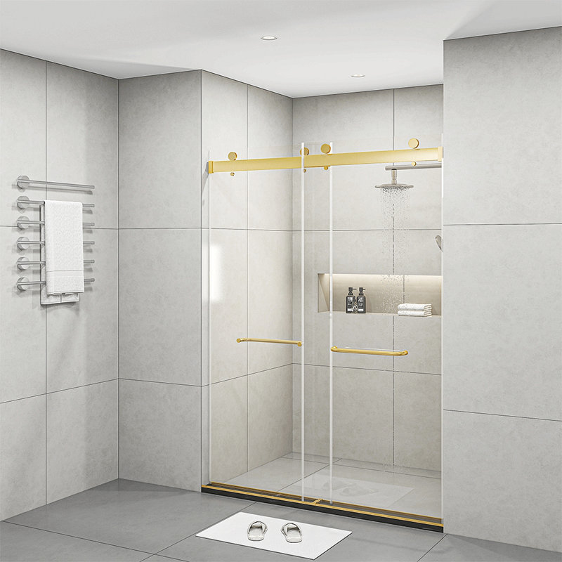 Frameless Sliding Glass Shower Doors 60" Width X 76"Height With 3/8"(10Mm) Clear Tempered Glass, Doré
