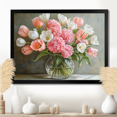 Ignangias roses et blancs, hortensias et tulipes dans un vase - hydrangées, art mural sur toile