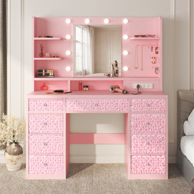 Vanity Makeup Table with Lighted Mirror, 9 Removable Drawers, Built‑in Power Outlet USB‑A Type‑C Port, Dressing Desk with Open Storage Shelves & Jewelry Hooks for Bedroom