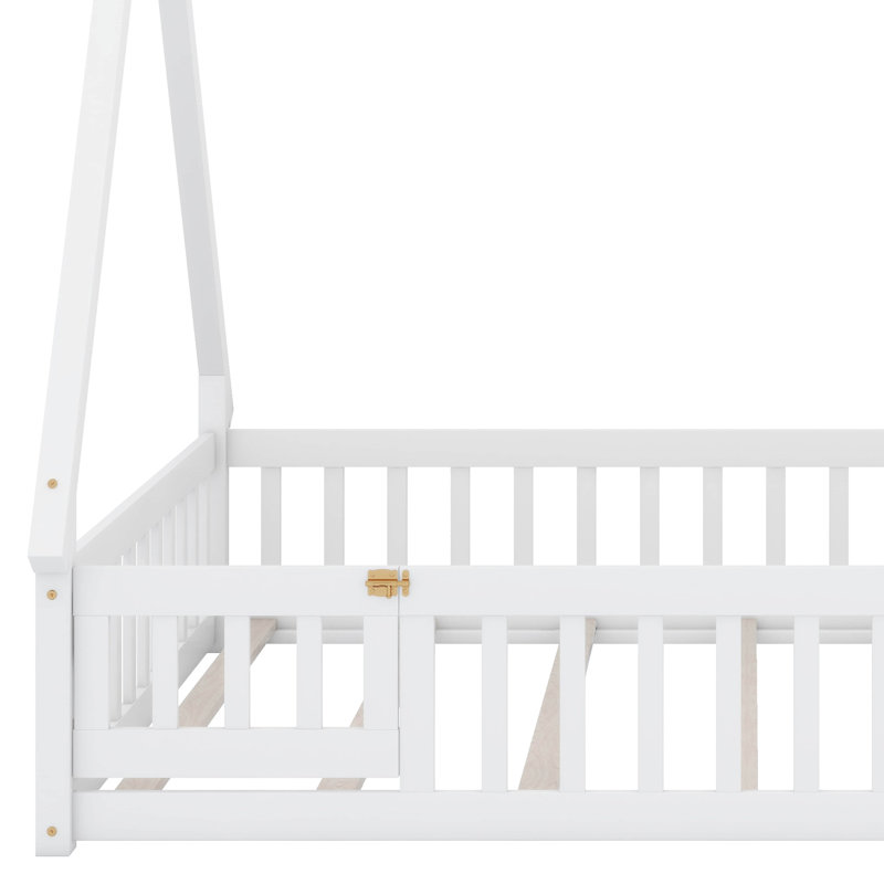 Lit de plancher avec rails et porte, lit de tente avec lattes et clôture, Double, Blanc