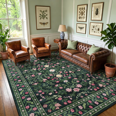 Tapis floral à poils courts, tapis doux antidérapant lavable pour le salon, la chambre à coucher et la salle à manger