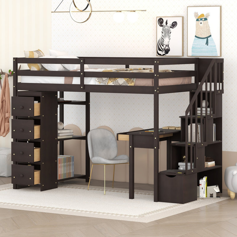 Lit mezzanine simple avec tiroirs de rangement, bureau, escalier et tablettes, structure en bois de pin massif, conception peu encombrante - gris