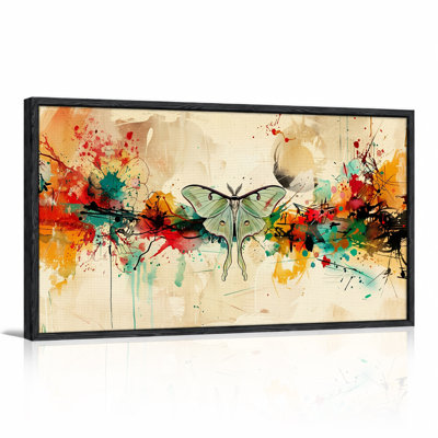 Green Luna Moth Abstract Colorful Paint Splatter Canvas Wall Art
