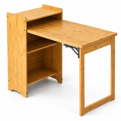 Bamboo Folding Computer Desk with Storage Shelves, Foldable Writing Desk for Small Spaces, Natural
