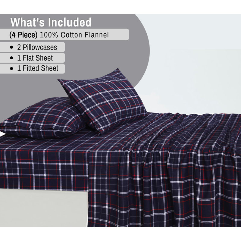 Yankees Blue Plaid Full Cotton Flannel Bed Sheet Set
