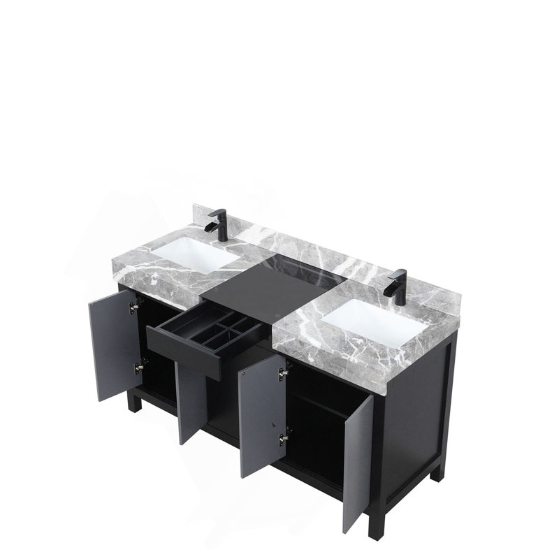 Meuble-lavabo double noir et gris 60 po X P 22 po D, dessus en marbre gris château et robinet noir mat
