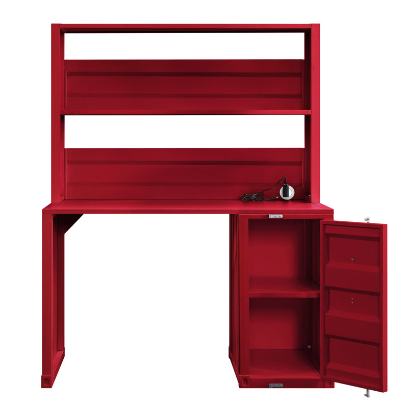 Bureau d'écriture Cargo avec finition rouge avec construction en métal, panneaux encastrés similaires à Cargo, 1 compartiment ouvert, base de rangement de porte, 47 po de largeur avec tiroir en bois, verrou de contenant pleine longueur, 100 lb