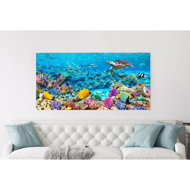 Sea Turtle And Fish, Maldivian Coral Reef - Wrapped Canvas Print, 60cm H x 120cm W