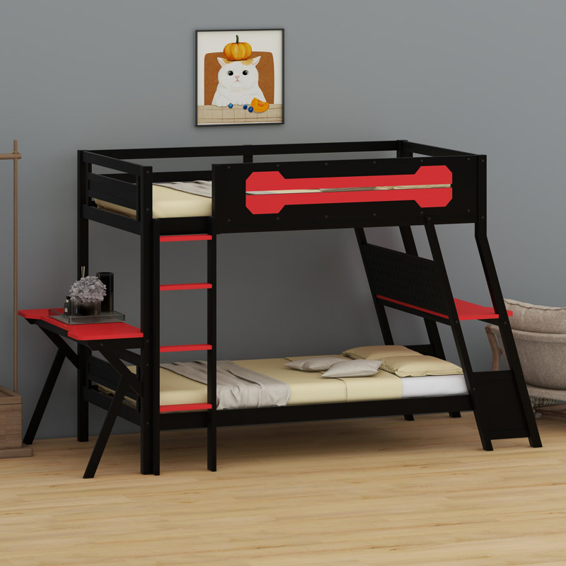 Système de lit superposé à double bureau avec connectivité USB et configuration de panneau perforé personnalisable, Rouge