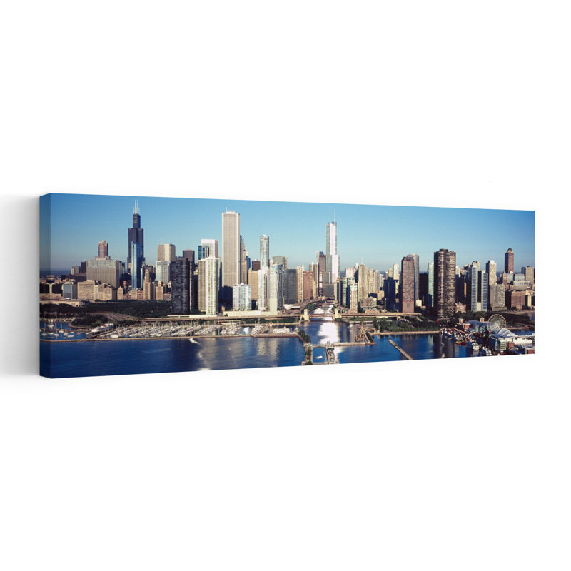 Skyscrapers In A City Navy Pier Chicago Harbor Chicago Cook County Illinois USA by Mark Segal - Wrapped Canvas Panoramic Print