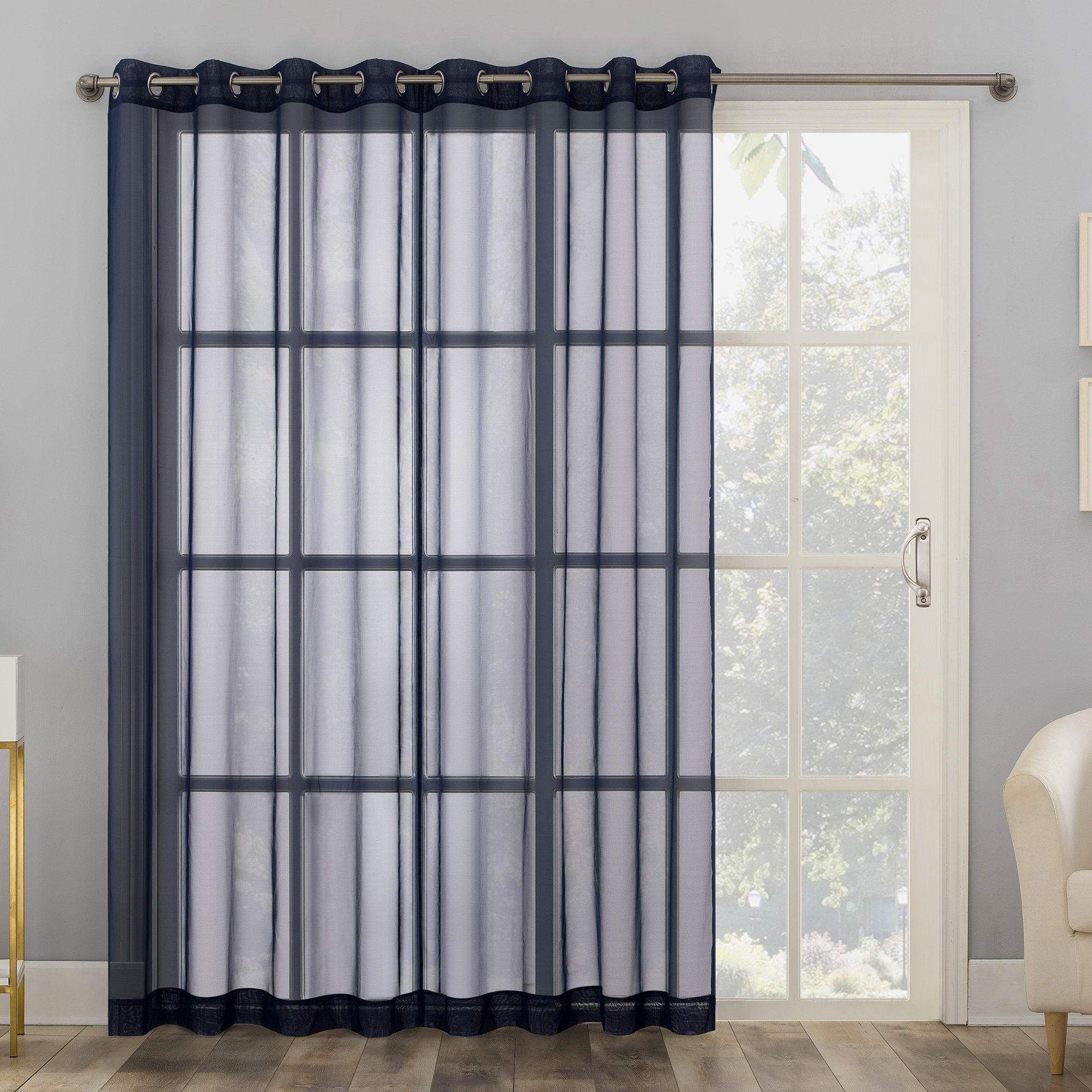 Polyester Sheer Grommet Curtain Panel, Navy Blue