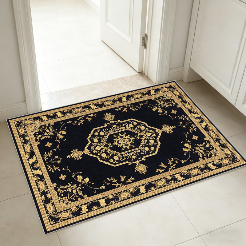 Black Gold Persian Rug Carpet-waterproof, easy to clean, machine-washable, soft and comfortable; suitable for door mats, kitchens, living rooms, bedrooms, corridors, and laundry areas. Easy to clean, durable carpet for home decoration.