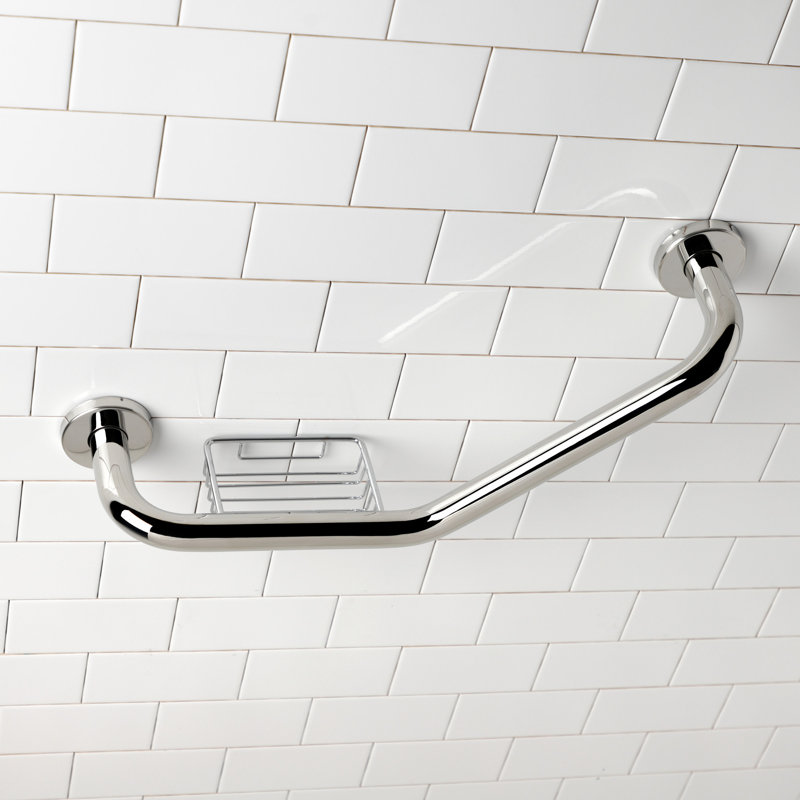 Kingston Brass Meridian 10-Inch x 12-Inch Angled Grab Bar with Soap Holder, Polished Stainless Steel