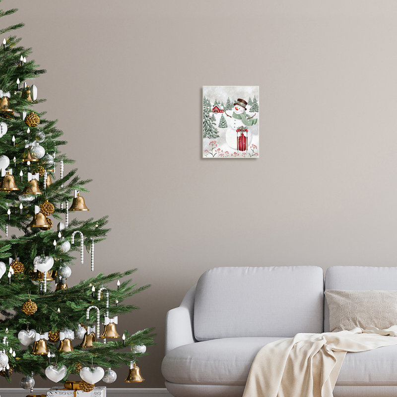 Joyeux bonhomme de neige, traîneau rouge, Holly Botanicals, estampe numérique encadrée noire, art texturé par Emma Leach