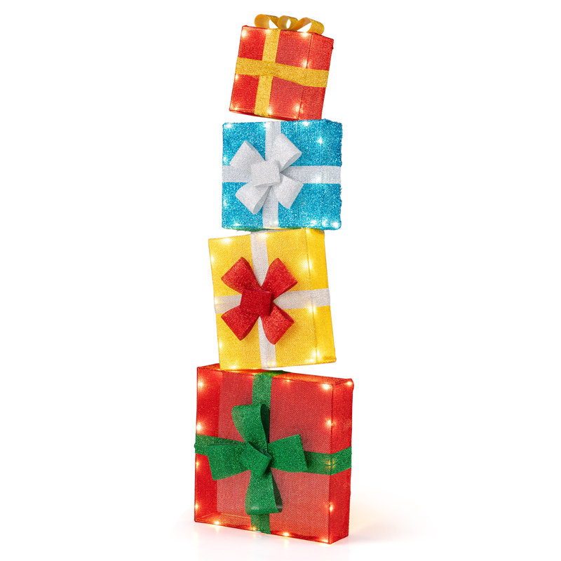 Multicolore boîtes de cadeaux de Noël empilables 4 pi avec DEL et boucles Gymax