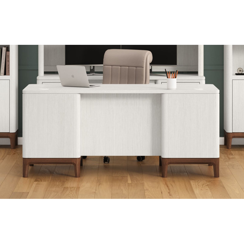 Contemporary Laminate Wood Double Pedestal Executive Desk, Writing Table, Office Desk, Fully Assembled, White