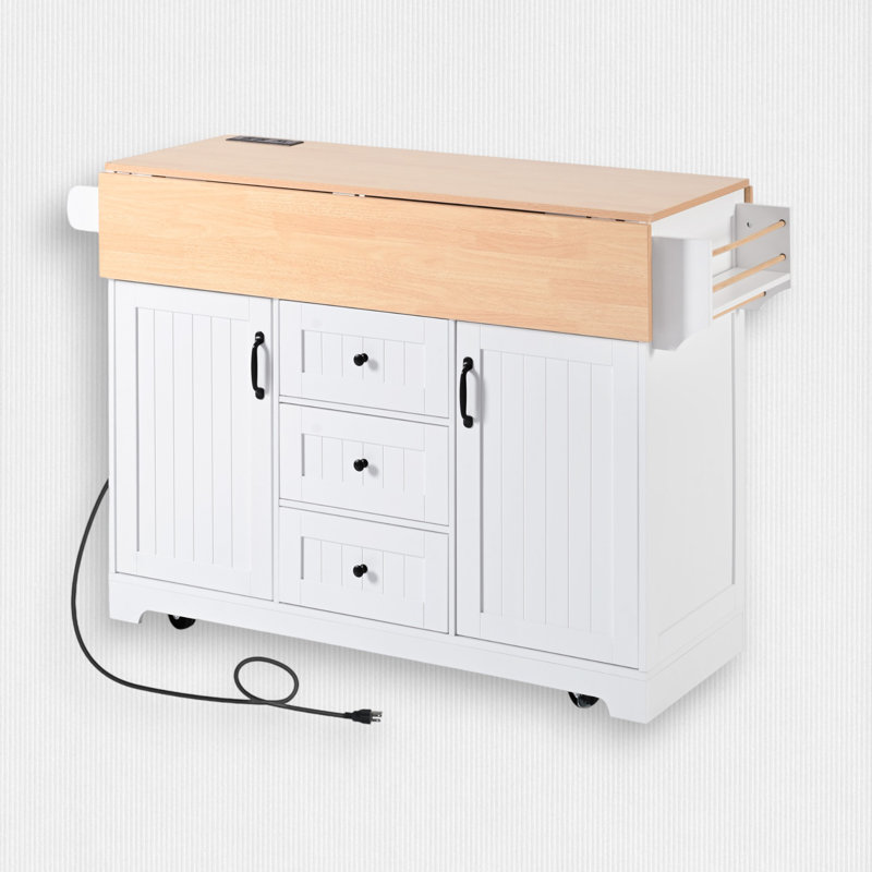 Îlot de cuisine en bois avec abattant 55,7 po, Blanc