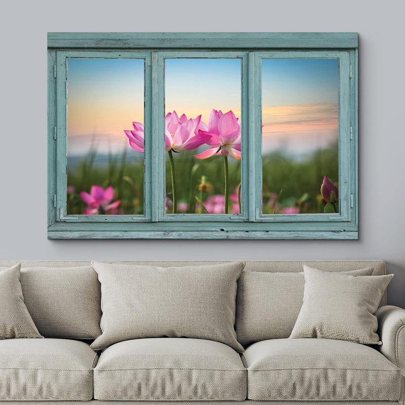 Scène de fenêtre «Vintage Teal Window donnant sur un champ de fleurs de lotus» sur toile, H 32 po x l 48 po
