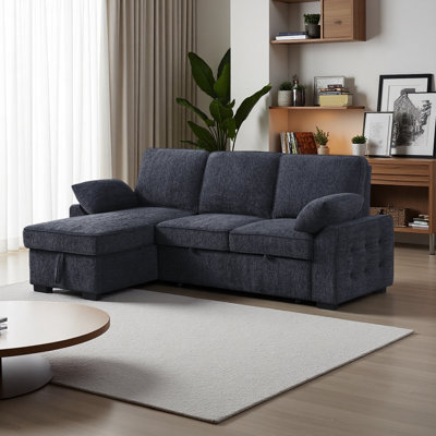 Canapé-lit modulaire réversible en tissu 91 po avec méridienne de rangement, table rabattable, porte-gobelets et ports de chargement