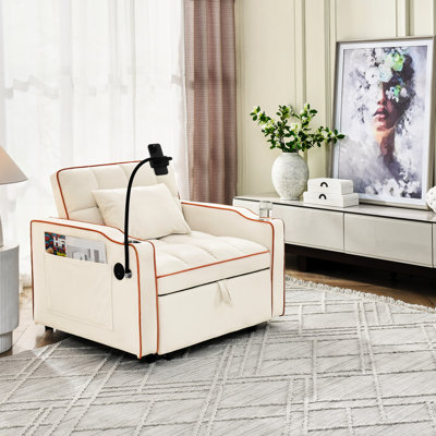 31 canapé-lit convertible 31 pouces - Port réglable, porte-gobelet en tissu de velours beige pour salon, chambre à coucher, appartement, dortoir, bureau extensible avec charge, 110 ° 140 ° 180 °